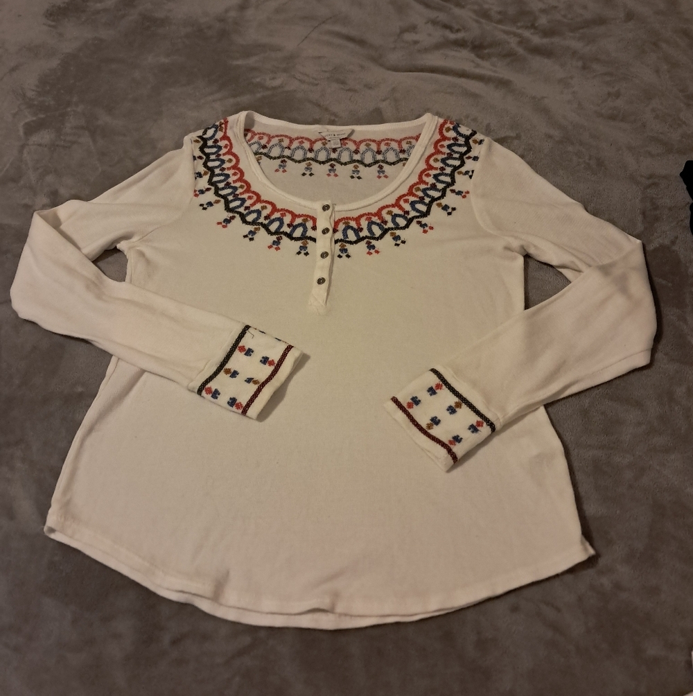Lucky Brand Womens Embroidered Henley Thermal Long Sleeve Top Sz. L